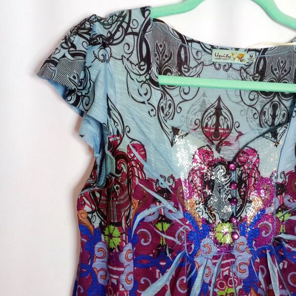 ⭐ Unity World Wear V-neck Short Sleeve Colorful Blouse Top Sequin Detail Med - Picture 3 of 6